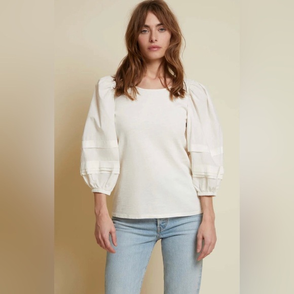 Nation LTD Gracie Pintuck Combo Cotton Tee in Off White - Size Small - Picture 1 of 8